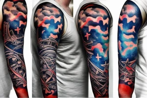 1/2 sleeve tattoo in bright colors of a damaged ship, sailing in rough seas with a large star on the top of the shoulder tattoo idea