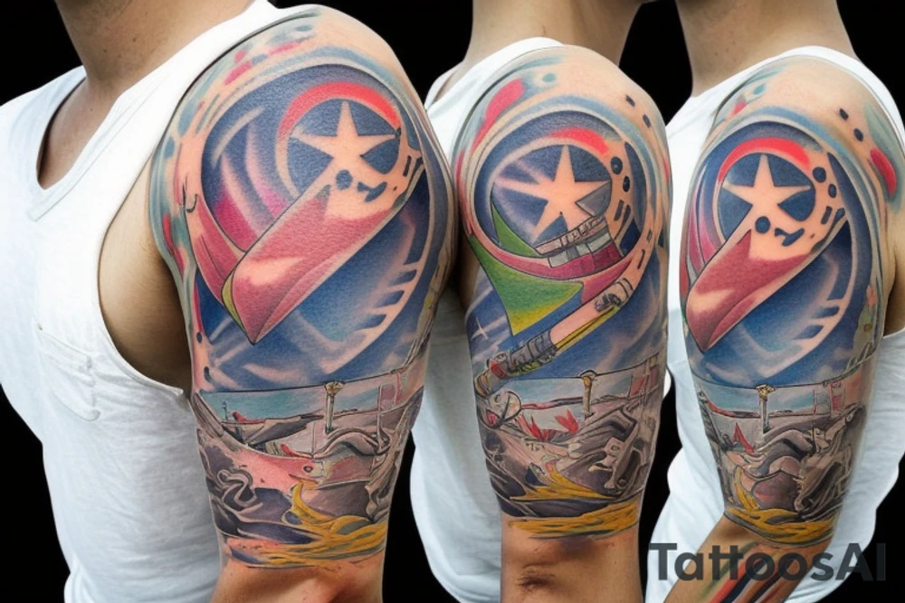 1/2 sleeve tattoo in bright colors of a damaged ship, sailing in rough seas with a large star on the top of the shoulder tattoo idea