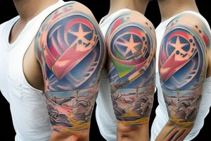 1/2 sleeve tattoo in bright colors of a damaged ship, sailing in rough seas with a large star on the top of the shoulder tattoo idea