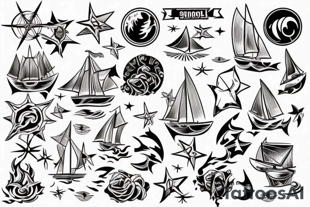 create a new school style tattoo in bright colors of a damaged ship sailing in rough seas, with a large star at the top on the shoulder area tattoo idea