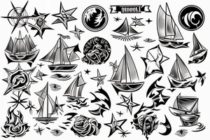 create a new school style tattoo in bright colors of a damaged ship sailing in rough seas, with a large star at the top on the shoulder area tattoo idea
