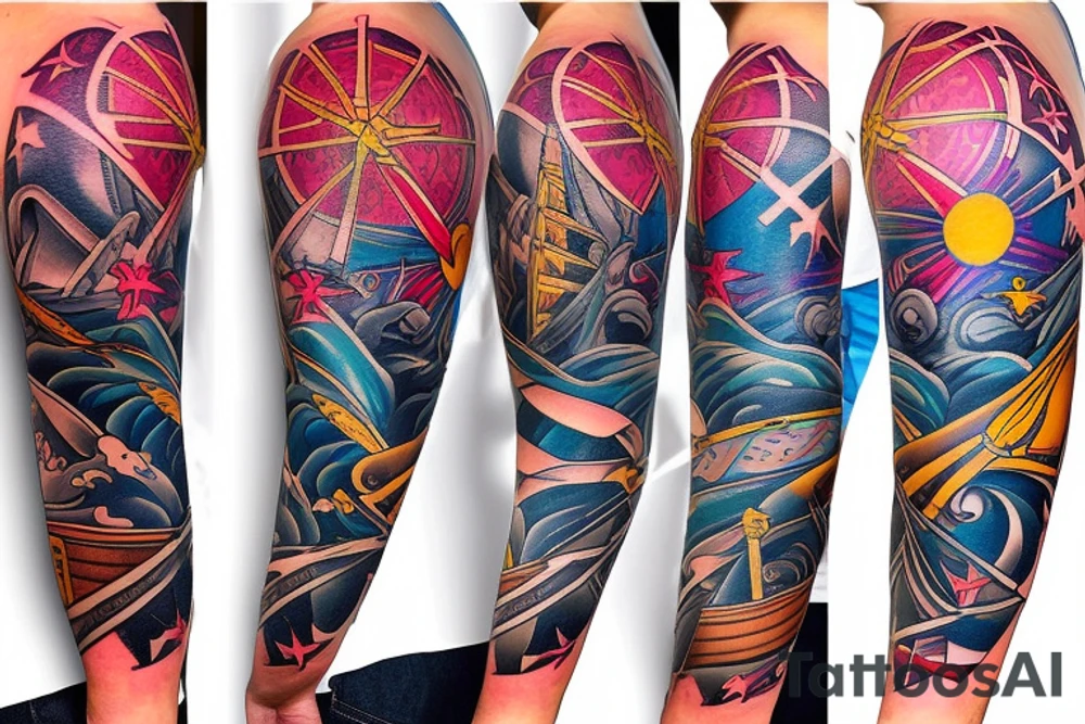 create a new school style tattoo in bright colors of a damaged ship sailing in rough seas, with a large star at the top on the shoulder area tattoo idea