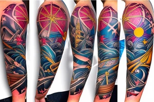 create a new school style tattoo in bright colors of a damaged ship sailing in rough seas, with a large star at the top on the shoulder area tattoo idea