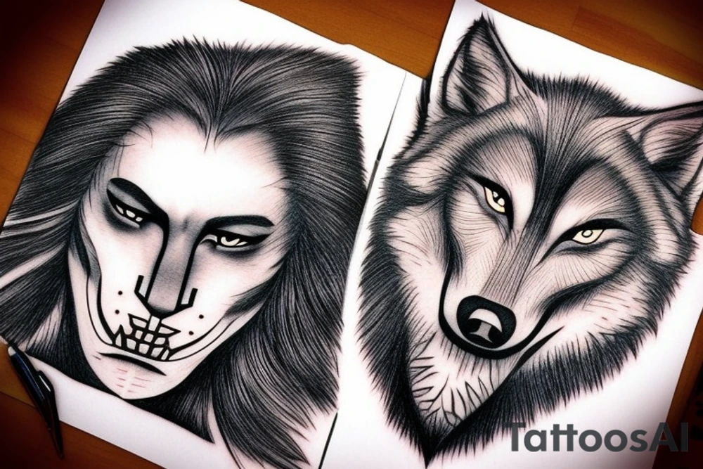 half wolf face and half ataturk face tattoo idea