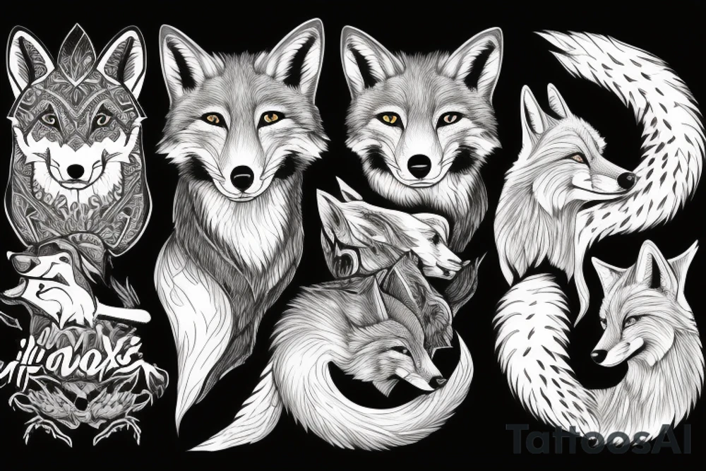 Half fox half wolf, accompanied with another fox, and another wolf, together killing a big thick snake. tattoo idea