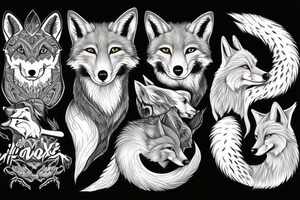 Half fox half wolf, accompanied with another fox, and another wolf, together killing a big thick snake. tattoo idea
