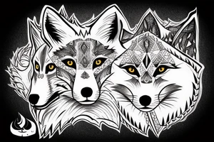 Half fox half wolf, accompanied with another fox, and another wolf, together killing a big thick snake. tattoo idea