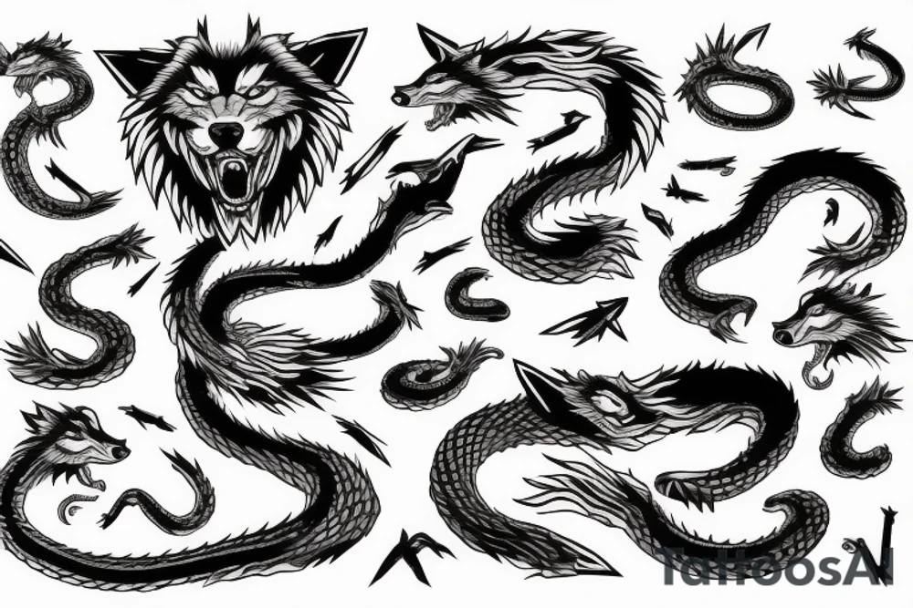Angry wolf killing a big snake tattoo idea