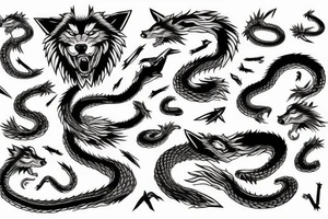 Angry wolf killing a big snake tattoo idea