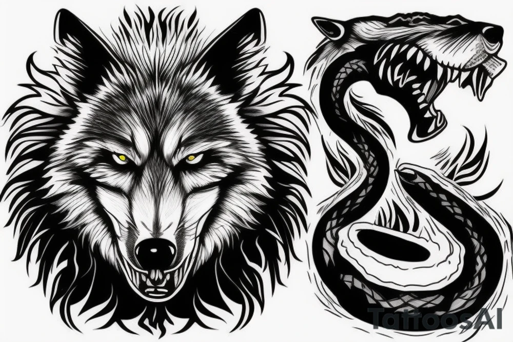 Angry badass wolf that is killing a big snake tattoo idea