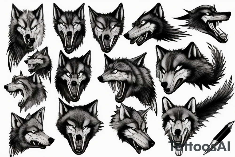 Angry badass wolf, biting a big snake tattoo idea