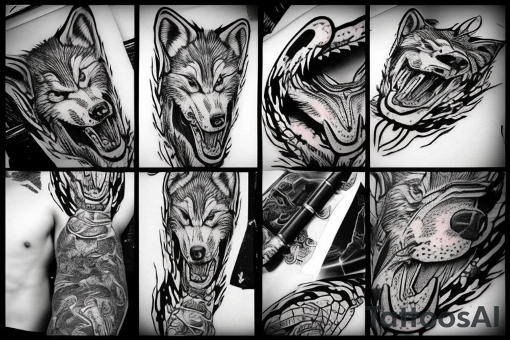 Angry badass wolf, biting a big snake tattoo idea