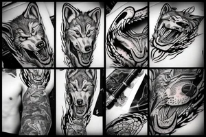 Angry badass wolf, biting a big snake tattoo idea