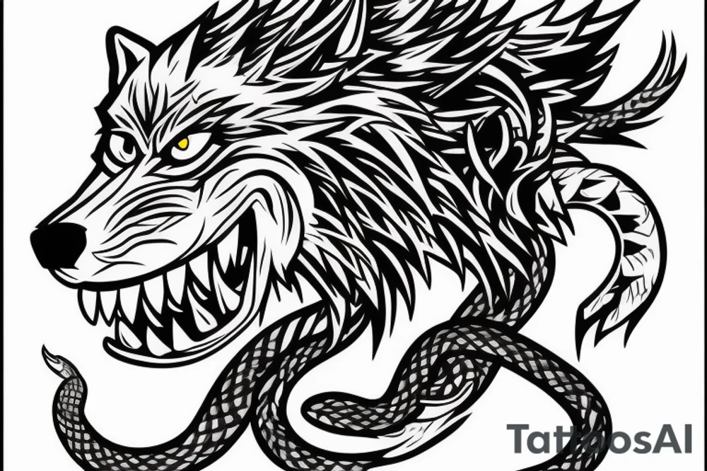 Angry badass wolf, with a snake in his mouth as if he was killing a snake in a fight. tattoo idea
