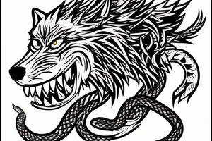 Angry badass wolf, with a snake in his mouth as if he was killing a snake in a fight. tattoo idea
