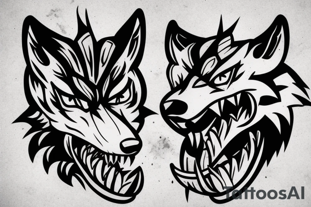 Angry badass wolf, with a snake in his mouth as if he was killing a snake in a fight. tattoo idea
