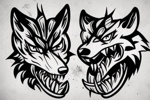 Angry badass wolf, with a snake in his mouth as if he was killing a snake in a fight. tattoo idea