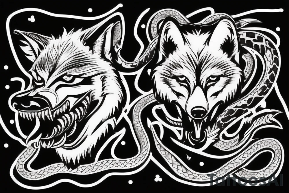 Angry badass wolf, with a snake in his mouth as if he was killing a snake in a fight. tattoo idea