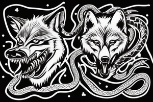 Angry badass wolf, with a snake in his mouth as if he was killing a snake in a fight. tattoo idea