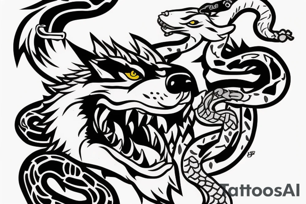 Angry badass wolf, with a snake in his mouth as if he was killing a snake in a fight. tattoo idea