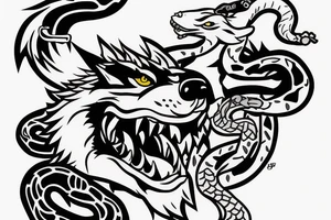 Angry badass wolf, with a snake in his mouth as if he was killing a snake in a fight. tattoo idea