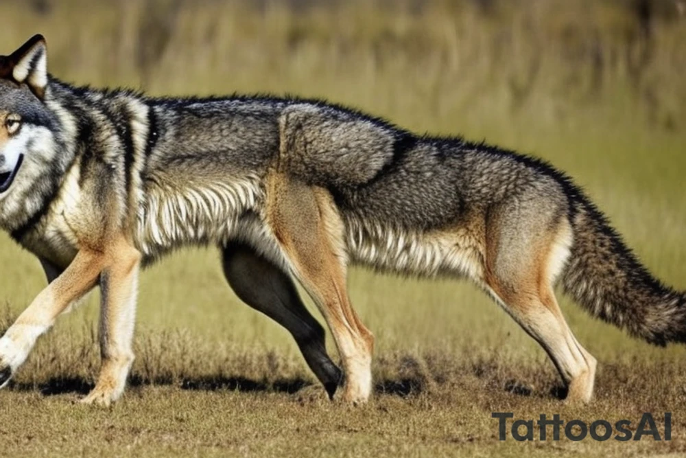 A ferocious wolf in mid-action, its fur bristling with intensity, lunging at a hissing snake. The wolf’s powerful jaws are open, ready to clamp down on the snake. The snake, poised to strike back, with its fangs bared and eyes gleaming dangerously. The scene is filled with raw power, a depiction of an intense battle for survival. tattoo idea