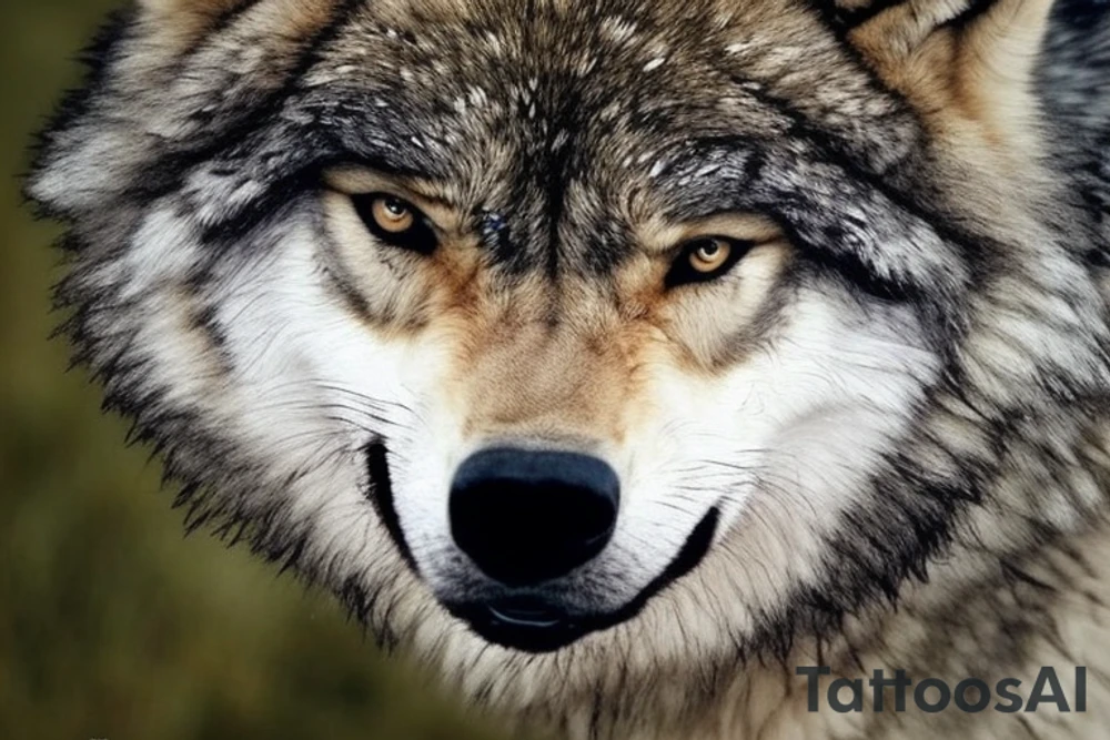 A ferocious wolf in mid-action, its fur bristling with intensity, lunging at a hissing snake. The wolf’s powerful jaws are open, ready to clamp down on the snake. The snake, poised to strike back, with its fangs bared and eyes gleaming dangerously. The scene is filled with raw power, a depiction of an intense battle for survival. tattoo idea