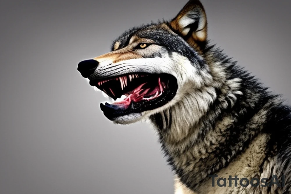A ferocious wolf in mid-action, its fur bristling with intensity, lunging at a hissing snake. The wolf’s powerful jaws are open, ready to clamp down on the snake. The snake, poised to strike back, with its fangs bared and eyes gleaming dangerously. The scene is filled with raw power, a depiction of an intense battle for survival. tattoo idea