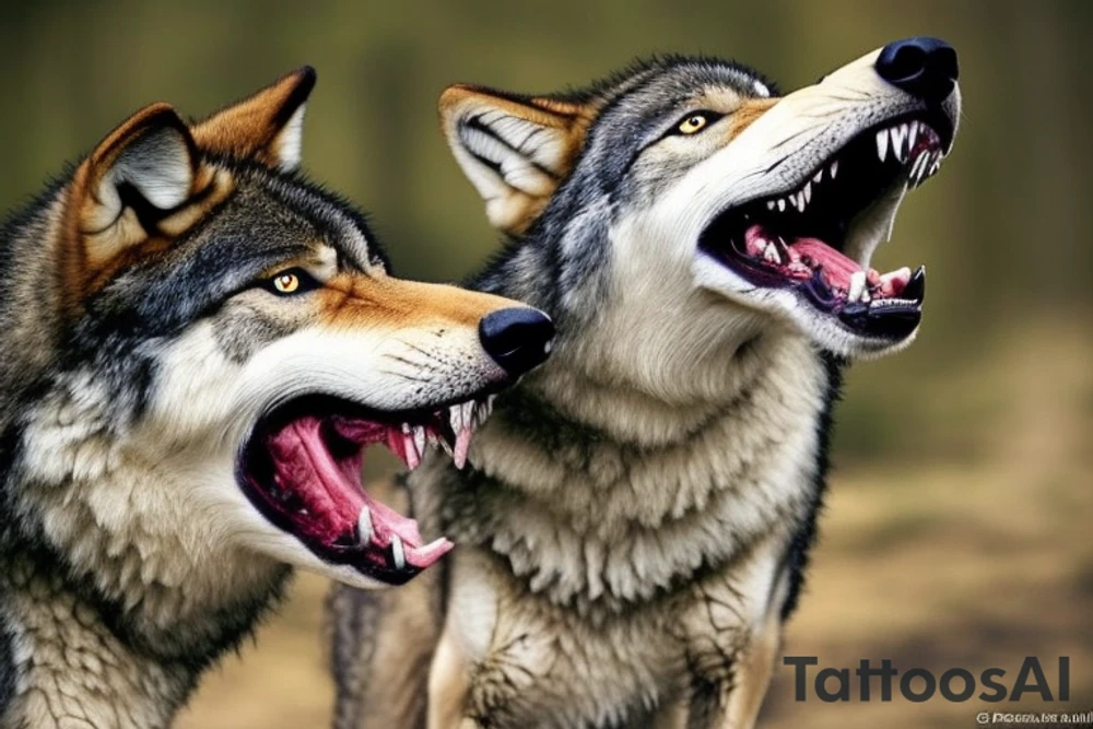 A ferocious wolf in mid-action, its fur bristling with intensity, lunging at a hissing snake. The wolf’s powerful jaws are open, ready to clamp down on the snake. The snake, poised to strike back, with its fangs bared and eyes gleaming dangerously. The scene is filled with raw power, a depiction of an intense battle for survival. tattoo idea
