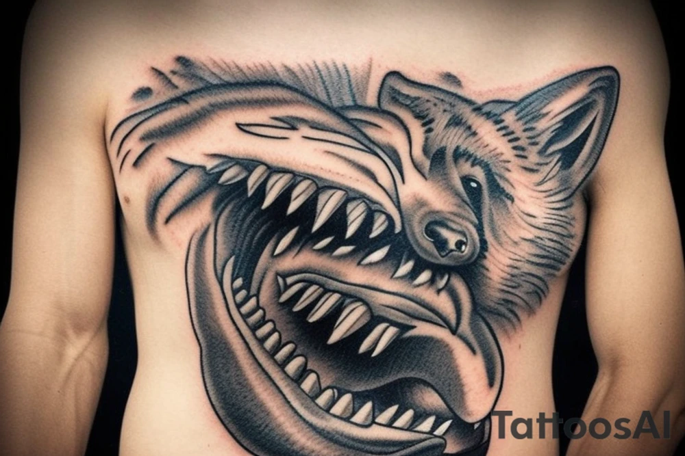 A ferocious wolf in mid-action, its fur bristling with intensity, lunging at a hissing snake. The wolf’s powerful jaws are open, ready to clamp down on the snake. The snake, poised to strike back, with its fangs bared and eyes gleaming dangerously. tattoo idea