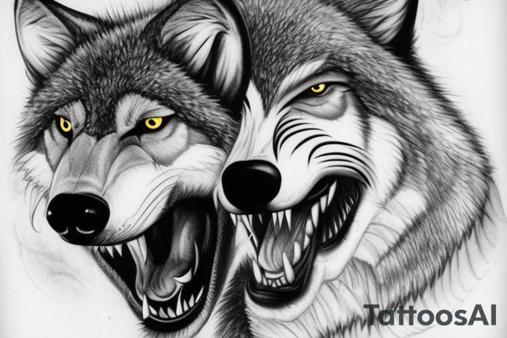A ferocious wolf in mid-action, its fur bristling with intensity, lunging at a hissing snake. The wolf’s powerful jaws are open, ready to clamp down on the snake. The snake, poised to strike back, with its fangs bared and eyes gleaming dangerously. tattoo idea