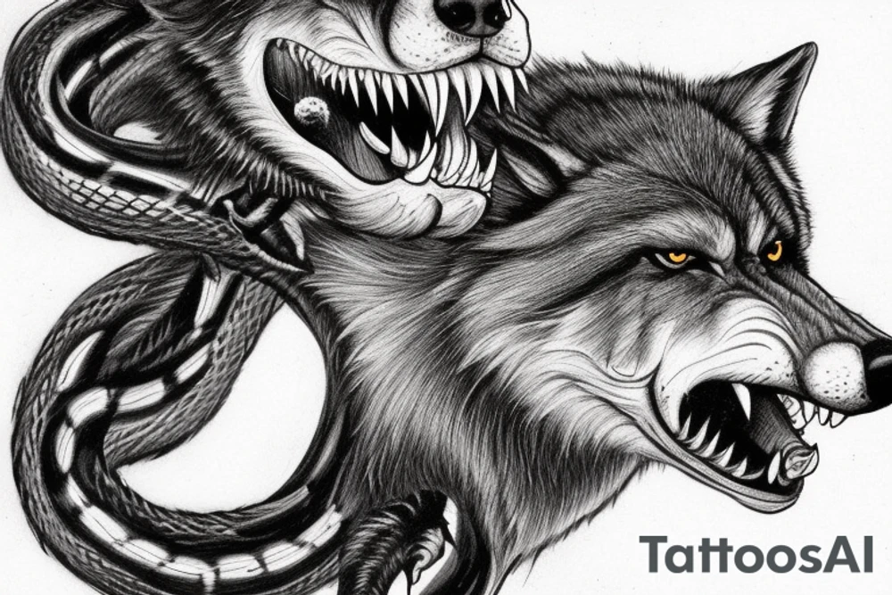 A ferocious wolf in mid-action, its fur bristling with intensity, lunging at a hissing snake. The wolf’s powerful jaws are open, ready to clamp down on the snake. The snake, poised to strike back, with its fangs bared and eyes gleaming dangerously. tattoo idea