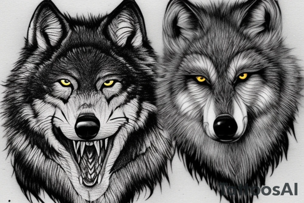 A ferocious wolf in mid-action, its fur bristling with intensity, lunging at a hissing snake. The wolf’s powerful jaws are open, ready to clamp down on the snake. The snake, poised to strike back, with its fangs bared and eyes gleaming dangerously. tattoo idea