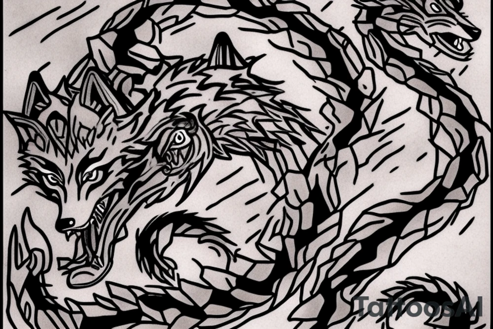 A ferocious wolf in mid-action, its fur bristling with intensity, lunging at a hissing snake. The wolf’s powerful jaws are open, ready to clamp down on the snake. The snake, poised to strike back, with its fangs bared and eyes gleaming dangerously. tattoo idea