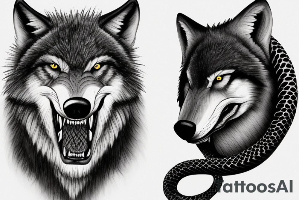 A ferocious wolf in mid-action, its fur bristling with intensity, lunging at a hissing snake. The wolf’s powerful jaws are open, ready to clamp down on the snake. The snake, poised to strike back, with its fangs bared and eyes gleaming dangerously. tattoo idea
