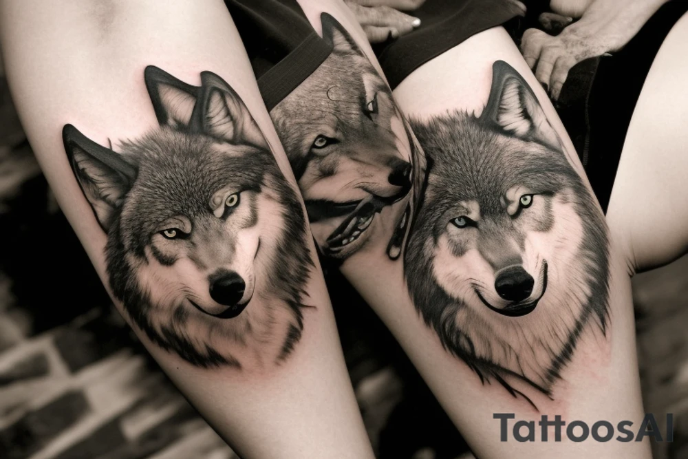 A ferocious wolf in mid-action, its fur bristling with intensity, lunging at a hissing snake. The wolf’s powerful jaws are open, ready to clamp down on the snake. The snake, poised to strike back, with its fangs bared and eyes gleaming dangerously. tattoo idea