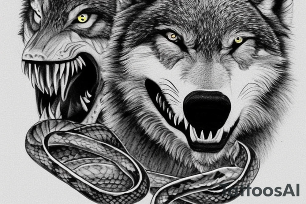 A ferocious wolf in mid-action, its fur bristling with intensity, lunging at a hissing snake. The wolf’s powerful jaws are open, ready to clamp down on the snake. The snake, poised to strike back, with its fangs bared and eyes gleaming dangerously. tattoo idea