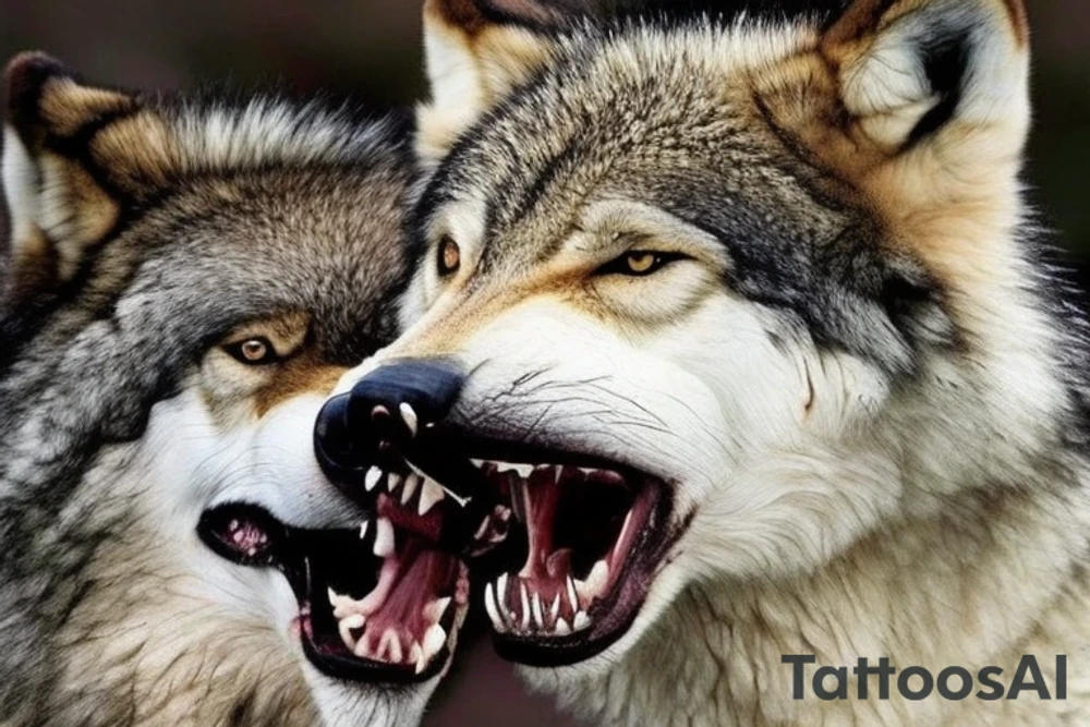 An intense scene featuring a ferocious wolf, its eyes burning with fury and teeth bared in a deadly snarl. It’s caught in the act of biting a struggling snake, its powerful jaws exerting killing pressure. The snake writhes in desperation, but the wolf’s determination and deadly intent are palpable. The overall design should carry the dynamic and detailed style of a renowned artist like Nikko Hurtado. tattoo idea