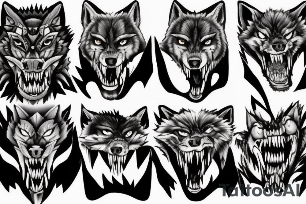 a ferocious wolf, with eyes burning with fury and teeth bared in a deadly snarl. It’s caught in the act of biting a struggling snake, its powerful jaws exerting killing pressure. The snake writhes in desperation, but the wolf’s determination and deadly intent are palpable. tattoo idea