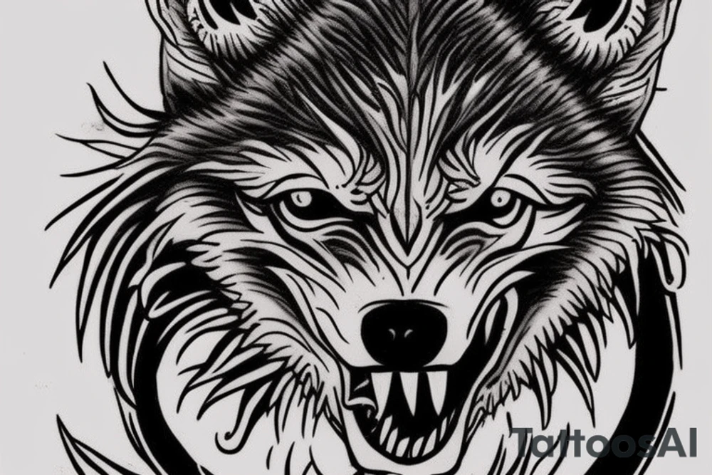 a ferocious wolf, with eyes burning with fury and teeth bared in a deadly snarl. It’s caught in the act of biting a struggling snake, its powerful jaws exerting killing pressure. The snake writhes in desperation, but the wolf’s determination and deadly intent are palpable. tattoo idea