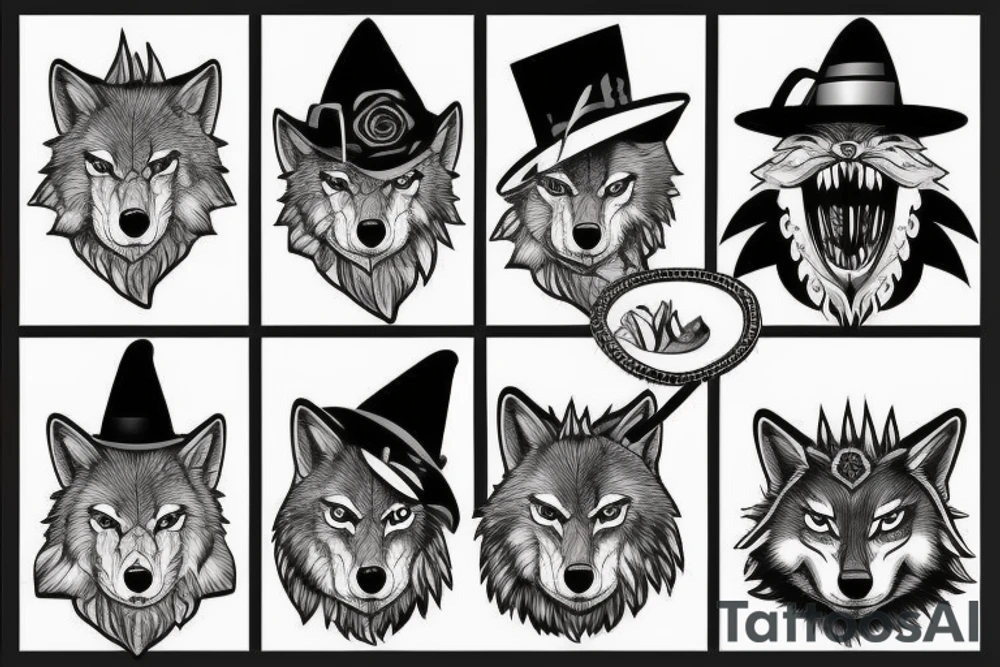 Ferocious wolf with magician hat tattoo idea