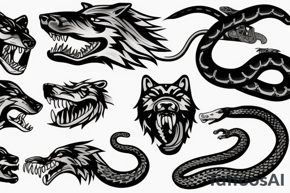 Ferocious thick and big wolf with a snake in his mouth tattoo idea