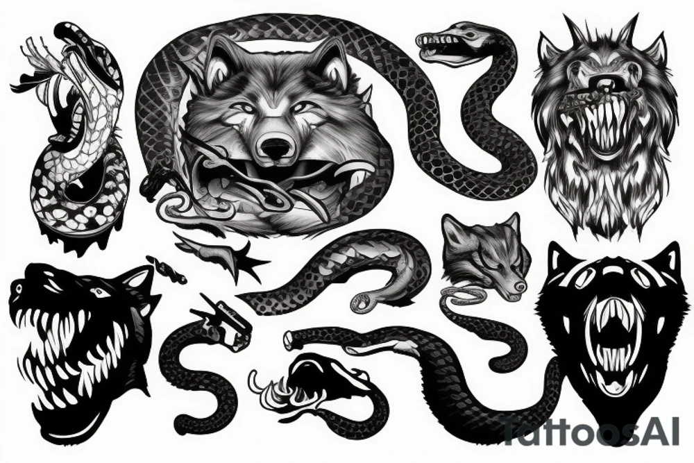 Ferocious thick and big wolf with a snake in his mouth tattoo idea