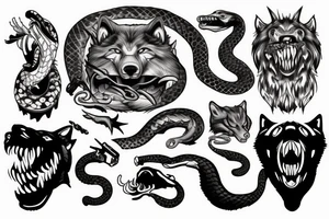 Ferocious thick and big wolf with a snake in his mouth tattoo idea