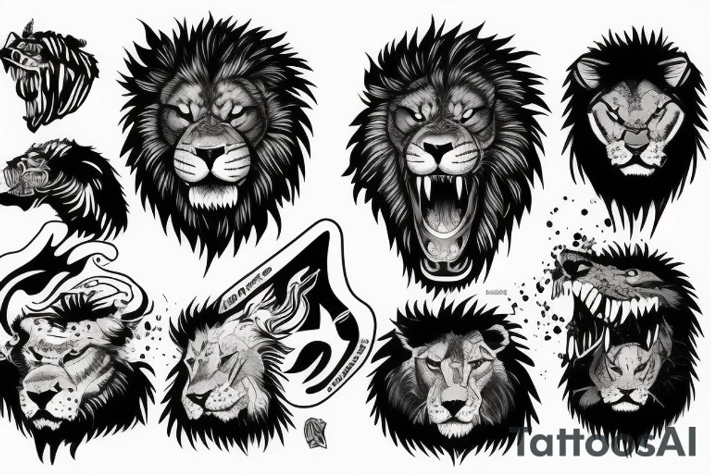 Ferocious, angry and big wolf killing a lion tattoo idea