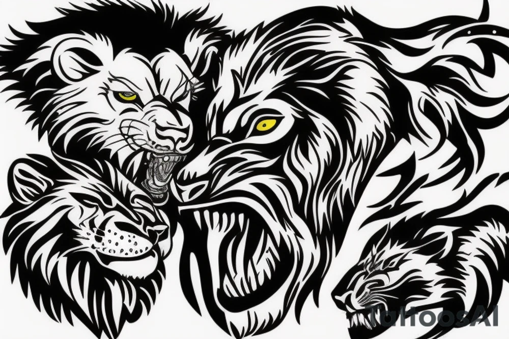 Ferocious, angry and big wolf killing a lion tattoo idea Ferocious, angry and big wolf killing a lion tattoo idea
