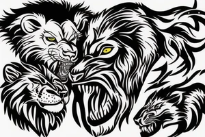 Ferocious, angry and big wolf killing a lion tattoo idea