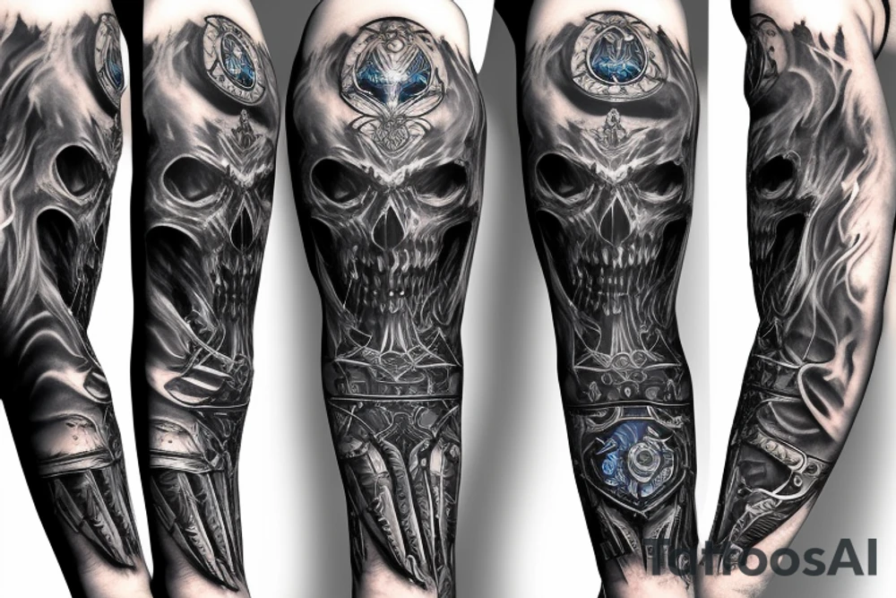 Sleeve lich king black blue tattoo idea