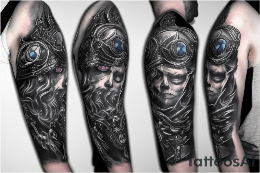 Sleeve lich king black blue tattoo idea