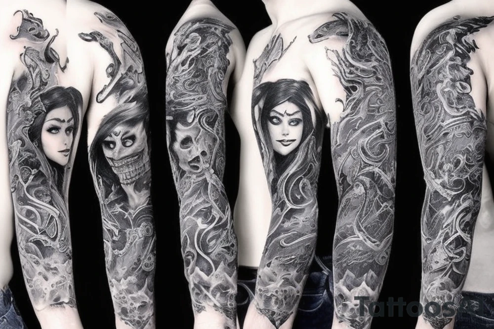 Sleeve lich king black blue tattoo idea